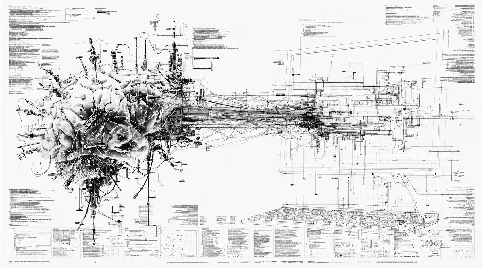 A dense technical illustration: an organic, brain-like mass on the left connects through a tangle of wires and schematic notes into a precise blueprint of a laptop and keyboard on the right.